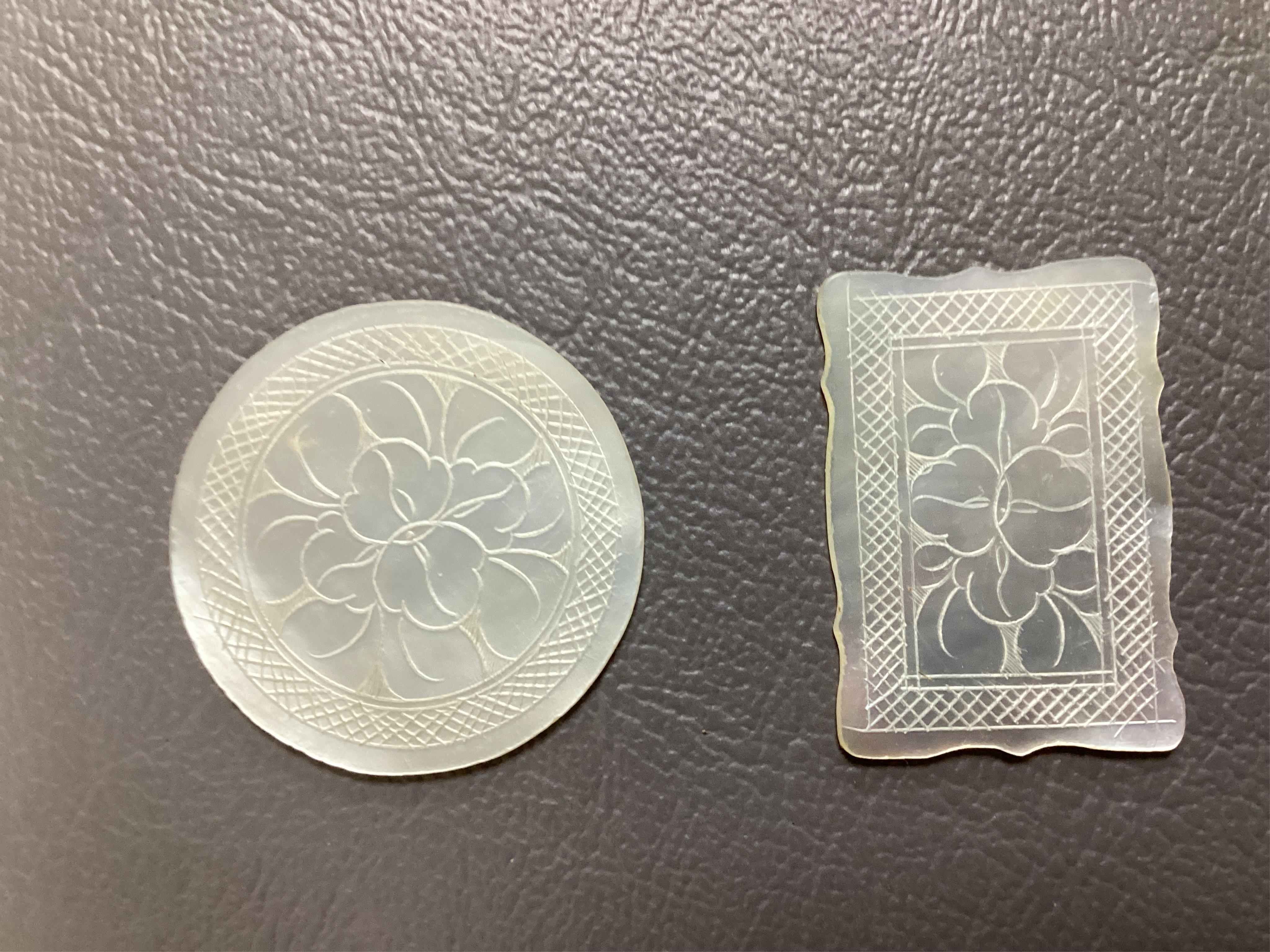 Two Chinese gilt decorated black lacquer games boxes, containing numerous mother-of-pearl counters, 19th century